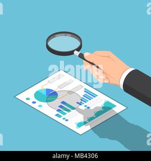 Flat 3d isometric businessman hand use magnifying glass to check reports. Business and finance data analysis concept. Stock Vector