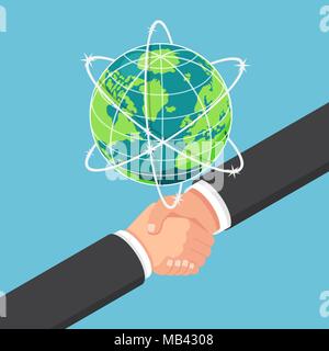 Flat 3d isometric businessman shake hands with partnership under earth globe. International business collaboration and teamwork concept. Stock Vector