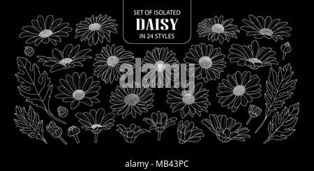 Set of isolated daisy in 24 styles. Cute hand drawn flower vector illustration in only white outline on black background. Stock Vector