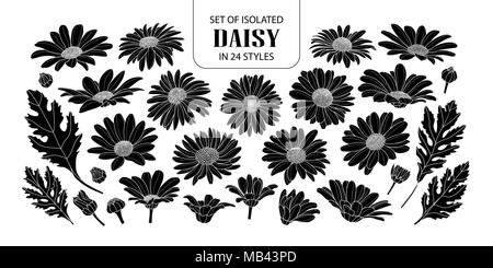 Set of isolated silhouette daisy in 24 styles. Cute hand drawn flower vector illustration in white outline and black plane on white background. Stock Vector