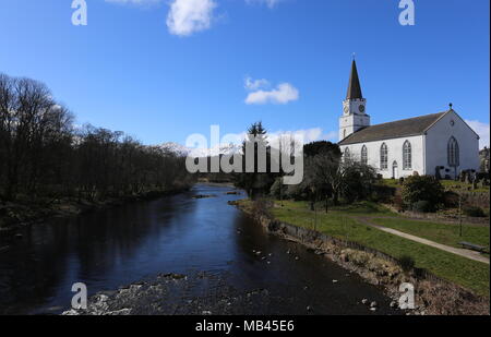 White Church and River Earn Comrie Scotland  April 2018 Stock Photo