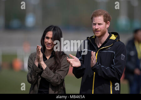 6th April 2018 Bath UK Britain's Prince Harry, Patron of the Invictus Games Foundation, and Meghan Markle attend the UK team trials for the Invictus Games Sydney 2018 at the University of Bath Sports Training Village on Friday 6th April. Prince Harry and Meghan Markle joined Invictus Games hopefuls as they try out on the athletics track and field, before meeting those taking part in the indoor sitting volleyball trials. Stock Photo