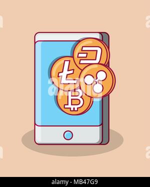 Smartphone with cryptocurrency coins  over orange background, colorful design. vector illustration Stock Vector