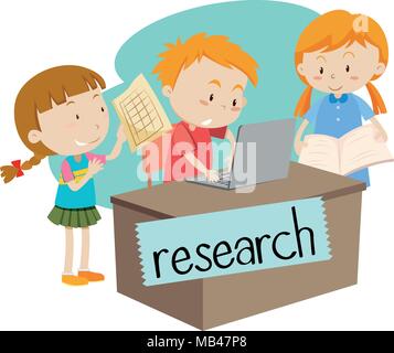 Wordcard for research with kids working on computer illustration Stock Vector