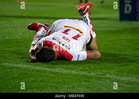 Merseyside, England. 6th April 2018. St. Helens's Zeb Taia scores his sides first try  6th April 2018 , Totally Wicked Stadium , Merseyside, England; Betfred Super League rugby, Round 10, St Helens v Hull FC Credit: News Images/Alamy Live News Stock Photo