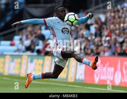 Viigo (Spain). Spanish first league football match Celta de Vigo vs Sevilla. Celta's Pione Sisto jumps for the ball  during the Celta vs Sevilla football match at the Balaidos stadium in Vigo, on April 07, 2018. Â©  Rodriguez Alen  Cordon Press Stock Photo