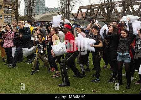 London, UK. 7th Apr, 2018. People have fun taking part in the International Pillow Fight Day 2018 in London, Britain on April 7, 2018. Credit: Ray Tang/Xinhua/Alamy Live News Stock Photo