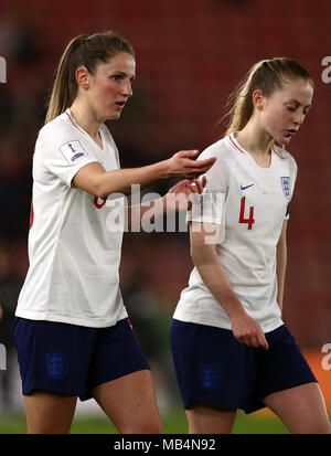 England Women's Abbie McManus (left) and Keira Walsh after the final whistle during the 2019 FIFA Women's World Cup Qualifying, Group 1 match at St Mary's Stadium, Southampton. Stock Photo