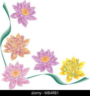 multi-colored lotuses and green strips, angular pattern isolated on white background Stock Vector