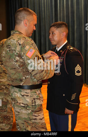 Brig. Gen. Sean Bernabe, Task Force Marne commander, pins an Army Commendation Medal to the lapel of Sgt. 1st Class Roberto Loo’s jacket during a Sergeant Audie Murphy induction ceremony, Feb. 15, at Fort Stewart, Ga. Loo has been a member of SAMC since July 2017 and is also the president. Stock Photo