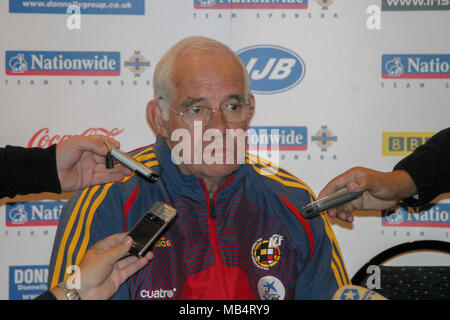 06 September 2006 - the football manager of Spain, Luis Aragones at a press conference at Windsor Park Belfast. The result, Northern Ireland 3 Spain 2, was a shock for Spain and Aragones was under pressure with the result at the press conference. Stock Photo