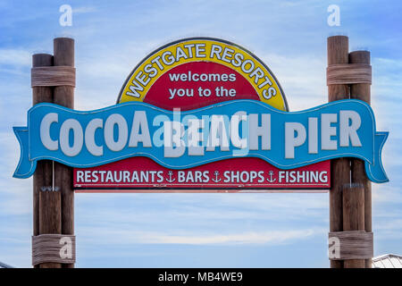 Cocoa Beach, Florida, USA - March 30, 2018: Historic Cocoa Beach Pier is 800 feet long and is home to restaurants, bars and gift shops. Stock Photo