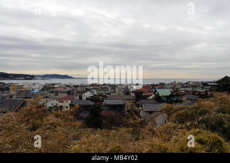 The lookout view of Kamakura city, from Hase-dera Temple. Taken in Kanagawa, Japan - February 2018. Stock Photo