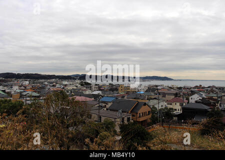 The lookout view of Kamakura city, from Hase-dera Temple. Taken in Kanagawa, Japan - February 2018. Stock Photo