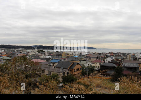 The lookout view of Kamakura city, from Hase-dera Temple. Taken in Kanagawa, Japan - February 2018. Stock Photo