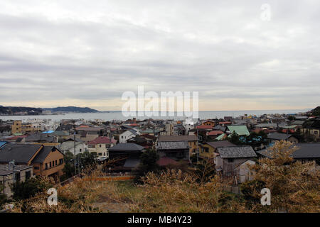 The lookout view of Kamakura city, from Hase-dera Temple. Taken in Kanagawa, Japan - February 2018. Stock Photo