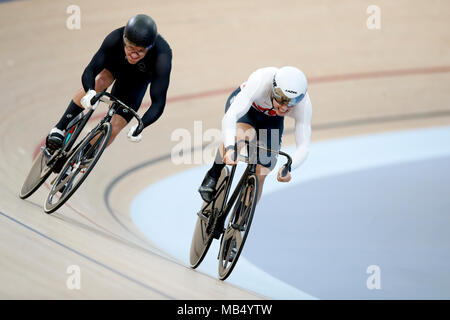 England's Ryan Owens (right) and New Zealand's Sam Webster in action during the Men's Sprint Quarterfinals - Heat 4 Race 2 at the Anna Meares Velodrome during day Three of the 2018 Commonwealth Games in the Gold Coast, Australia. Stock Photo