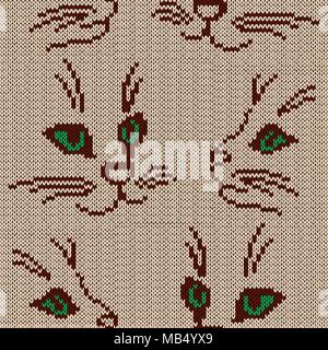 Cats with green eyes over cocoa color background; knitting childish seamless pattern as a fabric texture Stock Vector