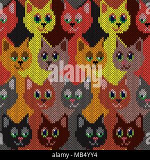 Many cats with amusing faces, knitting childish seamless pattern as a fabric texture Stock Vector