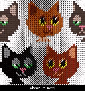 Amusing Cats over white background, knitting childish seamless pattern for the fabric texture or handmade design Stock Vector