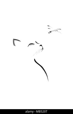 Artistic Outline Of A Cat Looking At Dragonfly Japanese Zen Sumi E Ink Artistic Outline Of A Cat Looking At Dragonfly Japanese Zen Sumi E Ink