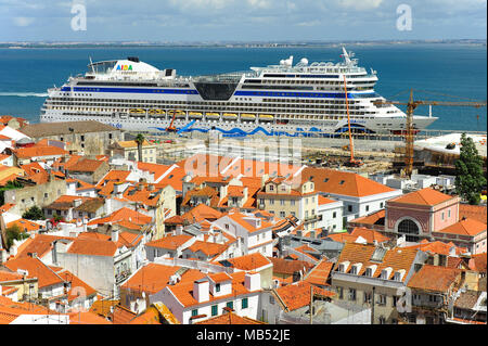View from Miradouro das Portas do Sol on river Tejo with docked cruise ship, Lisbon, Portugal Stock Photo