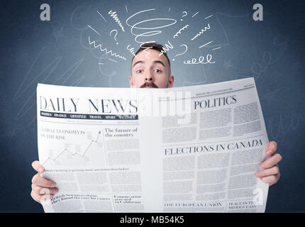 Confused businessman holding newspaper concept Stock Photo