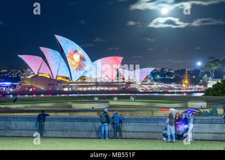 The 'Vivid Sydney' Festival takes place on Sydney Harbour in Sydney, Australia. The popular annual event, held on the shores of Sydney Harbour and previously known as the Vivid Festival, runs from May 26 to June 17, 2017. Pictured: Sydney Opera House. Stock Photo