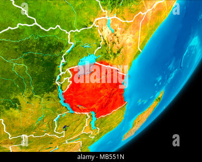 Map of Tanzania in red as seen from space on planet Earth with white borderlines. 3D illustration. Elements of this image furnished by NASA. Stock Photo