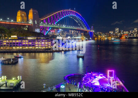 The 'Vivid Sydney' Festival takes place on Sydney Harbour in Sydney, Australia. The popular annual event, held on the shores of Sydney Harbour and previously known as the Vivid Festival, runs from May 26 to June 17, 2017. Pictured: Sydney Harbour Bridge. Stock Photo