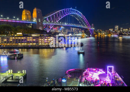 The 'Vivid Sydney' Festival takes place on Sydney Harbour in Sydney, Australia. The popular annual event, held on the shores of Sydney Harbour and previously known as the Vivid Festival, runs from May 26 to June 17, 2017. Pictured: Sydney Harbour Bridge. Stock Photo