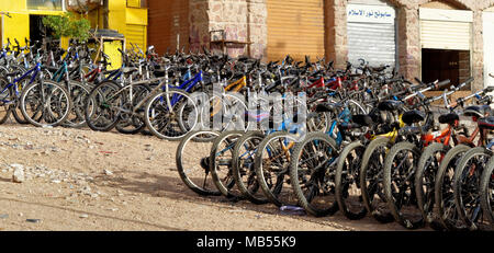 Aqaba, Jordan, March 7, 2018: Bicycle rental on the beach of Aqaba with many bikes for tourists and locals, middle east Stock Photo