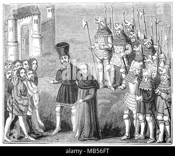 Richard II (1367 – 1400) and Henry Bolingbroke later to become Henry IV (1367 - 1413), arrive in London in 1399 before the parliamentary session in which Richard gave up his crown willingly and ratified his deposition citing as a reason his own unworthiness as a monarch. Stock Photo