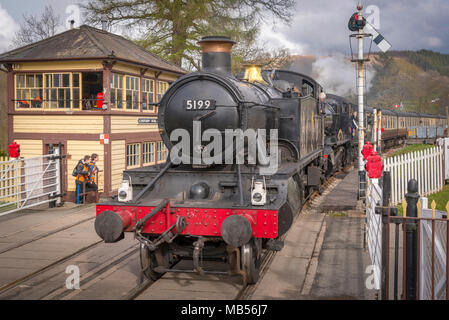 Llangollen railway Spring Steam Gala Apr 2016. BR 4-6-0 No.7820 Dinmore Manor behind tank engine GWR ‘5101’ class 2-6-2T No.5199 at Glyndyfrdwy statio Stock Photo