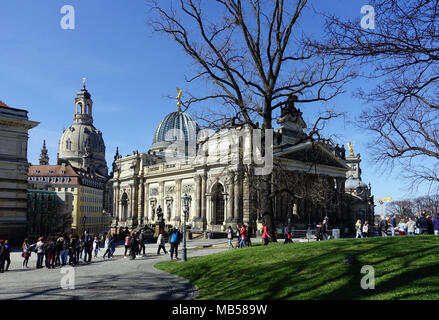 Tourists in front of the Royal Academy of Fine Arts Dresden Frauenkirche from Dresden Bruehl's Terrace, Dresden, Saxony, Germany Stock Photo