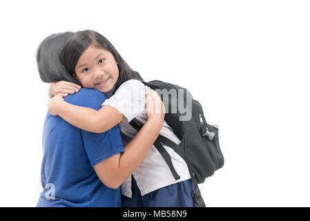 cute girl student smile and hug her mother isolated on white background, love and education concept Stock Photo