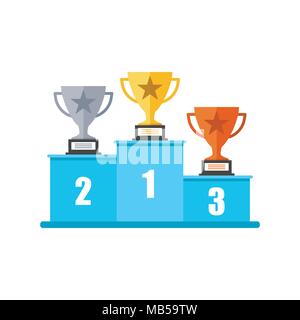Winners podium with trophy icon in flat style. Pedestal illustration on white isolated background. Gold, silver and bronze award sign concept. Stock Vector