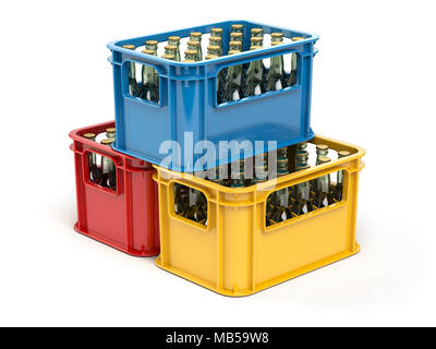 Crates full of beer bottles isolated on white background. 3d illustration Stock Photo