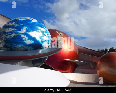 Planet replicas at entrance to Mission: Space at Walt Disney World Epcot Center, Orlando, Florida 2017 © Katharine Andriotis Stock Photo