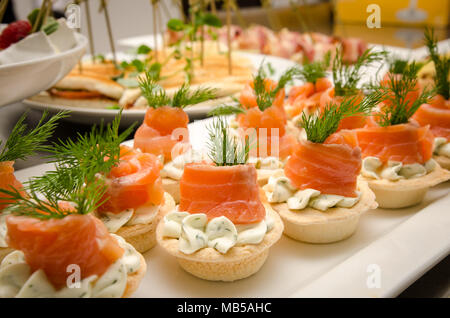 Tartlets with cream cheese and salmon. Catering services Stock Photo