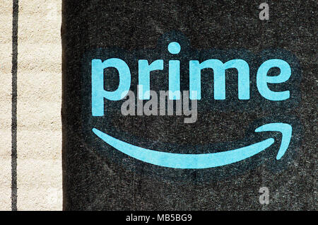 SEATTLE, USA - CIRCA DECEMBER 2017: Amazon prime label on a parcel Stock Photo