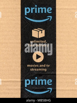 SEATTLE, USA - CIRCA DECEMBER 2017: Amazon prime label on a parcel Stock Photo