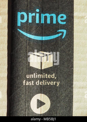 SEATTLE, USA - CIRCA DECEMBER 2017: Amazon prime label on a parcel Stock Photo