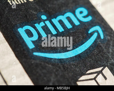 SEATTLE, USA - CIRCA DECEMBER 2017: Amazon prime label on a parcel Stock Photo