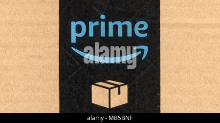 SEATTLE, USA - CIRCA DECEMBER 2017: Amazon prime label on a parcel Stock Photo