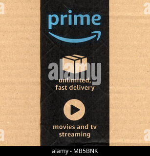 SEATTLE, USA - CIRCA DECEMBER 2017: Amazon prime label on a parcel Stock Photo