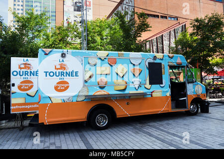 Food truck offering Quebec cheese tasting in downtown Montreal, province of Quebec, Canada. Sponsored by Les producteurs de lait du Québec. Stock Photo