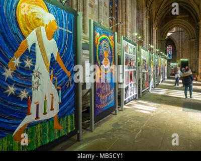 Threads through Revelation, a display of 14 silk panels by artist Jacqui Parkinson showing all the scenes from book of Revelation, in Ripon Cathedral Stock Photo