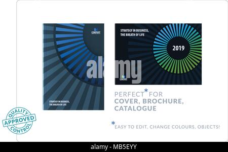 Template blue green. Creative abstract design of brochure set, horizontal cover, flyer in A4 with colourful rays, circles Stock Vector