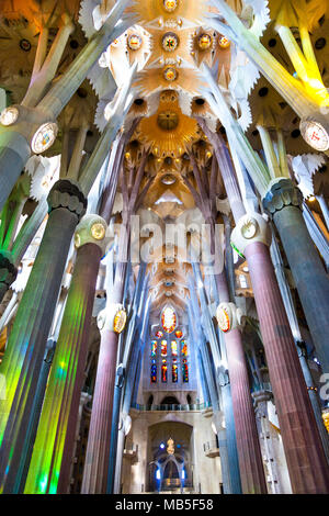 Interior of the Sagrada Familia Basilica by Antoni Gaudi in Barcelona, Spain Stock Photo